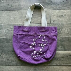 Vintage Disney World Mickey Mouse Silhouette Embroidered Canvas Tote Bag Purple
